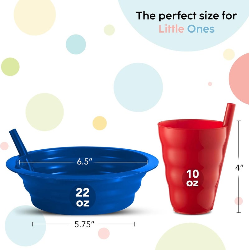 PLASKIDY Cereal Bowls with Straws & Kids Straw Cups - Set of 4 Kids Plastic Bowls with Straws & 4 Straw Cups for Kids BPA Free Dishwasher Safe Kids Bowls with Built-In Straw Include 3 Cleaning Brushes - Image 2